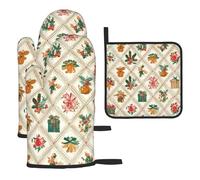 Mexpekil Juego de 3 guantes de horno resistentes al calor y soporte para ollas, decoraciones festivas, impermeables, guantes de cocina y almohadilla caliente para cocinar, hornear, asar a la parrilla