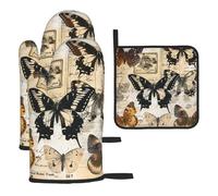 Mexpekil Juego de 3 guantes de horno resistentes al calor y soporte para ollas, diseño de mariposas, impermeables, guantes de cocina y almohadilla caliente para cocinar, hornear, asar a la parrilla
