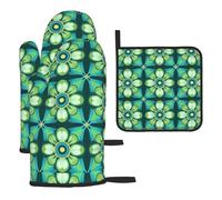 Mexpekil Juego de 3 guantes de horno resistentes al calor y soporte para ollas, diseño floral retro, impermeables, guantes de cocina y almohadilla caliente para cocinar, hornear, asar a la parrilla