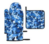 Mexpekil Juego de 3 guantes de horno resistentes al calor y soporte para ollas, guantes de cocina impermeables de camuflaje azul y almohadilla caliente para cocinar, hornear, asar a la parrilla