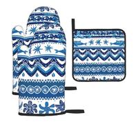 Mexpekil Juego de 3 guantes de horno resistentes al calor y soporte para ollas, impermeables, con patrón de océano, guantes de cocina y almohadilla caliente para cocinar, hornear, asar a la parrilla