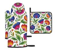 Mexpekil Juego de 3 guantes de horno resistentes al calor y soporte para ollas, impermeables, con patrón de flores, guantes de cocina y almohadilla caliente para cocinar, hornear, asar a la parrilla