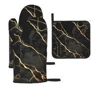 Mexpekil Juego de 3 guantes de horno resistentes al calor y soporte para ollas, textura de mármol negro y dorado, guantes de cocina impermeables y almohadilla caliente para cocinar, hornear, asar a la
