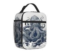 Mexpekil Lonchera con bolsillo lateral de malla para mujeres, hombres, niños y niñas, con estampado de pulpo de Cthulhu, bolsa de almuerzo aislada