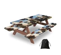 Mexpekil Mantel de mesa de picnic con diseño de vaca divertida con fundas de banco, mantel elástico ajustable para exteriores con bolsa de cordón, impermeable, resistente al viento, para jardín