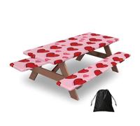 Mexpekil Mantel de mesa de picnic con fundas de banco, diseño de corazón rojo y rosa, mantel elástico ajustable para exteriores, con bolsa de cordón, impermeable, resistente al viento, para jardín