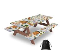 Mexpekil Mantel de picnic con diseño de ciudad de autobús, 3 piezas, con fundas de banco, mantel elástico ajustable para exteriores, con bolsa de cordón, impermeable, resistente al viento, para jardín