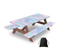 Mexpekil Mantel de picnic con diseño de escamas de pez arcoíris, 3 piezas, con fundas de banco, mantel elástico ajustable para exteriores, con bolsa de cordón, impermeable, resistente al viento, para