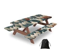 Mexpekil Mantel de picnic de bosque de abeto de invierno, 3 piezas, con fundas de banco, mantel elástico ajustable para exteriores con bolsa de cordón, impermeable, resistente al viento, para jardín