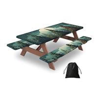 Mexpekil Mantel de picnic de Navidad verde bosque de abeto con fundas de banco, mantel elástico ajustable para exteriores con bolsa de cordón, mantel impermeable y resistente al viento para jardín