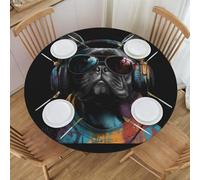 Mexpekil Mantel redondo ajustable con bordes elásticos, diseño de bulldog francés, mantel impermeable para interiores y exteriores, se adapta a mesas redondas de 40 a 44 pulgadas