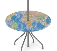 Mexpekil Mantel redondo con diseño de mapa del mundo para exteriores, con agujero para paraguas, borde elástico, impermeable, con cremallera, para patio, picnic, fiesta, 45-56 pulgadas