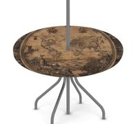 Mexpekil Mantel redondo con diseño de mapa del mundo retro para exteriores, con agujero para paraguas, diseño de mapa educativo vintage, borde elástico, mantel impermeable con cremallera, para patio