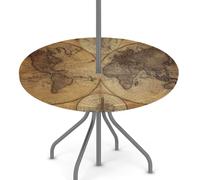 Mexpekil Mantel redondo vintage con diseño de mapa del mundo para exteriores, con agujero para paraguas, mapa educativo, borde elástico, mantel impermeable con cremallera, para patio, picnic, fiesta