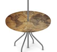 Mexpekil Mantel redondo vintage con diseño de mapa del mundo para exteriores, con agujero para paraguas, diseño retro de mapa educativo, borde elástico, mantel impermeable con cremallera, para patio