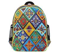 Mexpekil Mochila escolar colorida con diseño floral de mandala de azulejos mexicanos para niñas y niños, mochila de viaje ligera e impermeable para niños para preescolar con correa para el pecho y