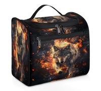 Mexpekil Neceser colgante de viaje con 11 compartimentos, diseño de lobos que vienen de la luz del fuego, diseño de animales, resistente al agua, organizador de viaje para accesorios, champú, tamaño
