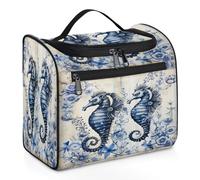 Mexpekil Neceser colgante de viaje con 11 compartimentos, diseño vintage de caballito de mar con flores moradas, resistente al agua, organizador de viaje para accesorios, champú, contenedor de tamaño