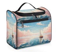 Mexpekil Neceser colgante de viaje con 11 compartimentos, velero, nubes rosas, gaviotas, mar, resistente al agua, organizador de viaje para accesorios, champú, contenedor de tamaño completo, Velero,