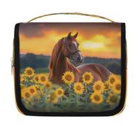 Mexpekil Neceser colgante de viaje para mujer, diseño de girasol, marrón, caballo, bolsa de lavado grande, portátil, organizador de cosméticos para niñas y niños