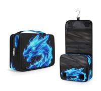 Mexpekil Neceser colgante para mujeres, hombres y niños, diseño de dragón de fuego azul, bolsa de maquillaje de viaje, impermeable, grande, portátil, organizador de cosméticos con gancho y 4