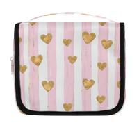 Mexpekil Neceser con diseño de corazón dorado con rayas rosas, para mujeres, hombres y mujeres, impermeable, para colgar en viajes, con gancho, organizador de cosméticos
