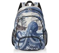 Mexpekil Ocean Octopus - Mochila escolar grande con diseño retro de barco pirata, mochila escolar grande para niñas y niños, mochila impermeable para laptop para mujeres y hombres, mochila ligera de