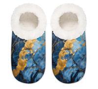 Mexpekil Pantuflas antideslizantes para mujer, diseño de mármol azul, dorado, líquido, para mujer, hombre y mujer, Blue Marble Golden Liquid, Medium ancho
