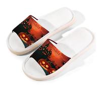 Mexpekil Pantuflas de castillo de telaraña para mujeres y hombres, Halloween, murciélago, calabaza, puntera abierta, zapatos de casa de verano de lino, multicolor, 37/38 EU ancho