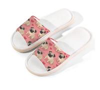 Mexpekil Pantuflas de lino para mujeres y hombres, antideslizantes, para casa, puntera abierta, para verano, para interiores y exteriores, Corazones de cachorro de carlino, 40/40.5 EU