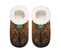 Mexpekil Pantuflas doradas de plumas de pavo real brillantes para mujeres y hombres, zapatos de casa de espuma viscoelástica, calcetines cómodos, multicolor, 6/6.5 UK Wide
