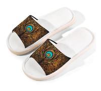 Mexpekil Pantuflas doradas de plumas de pavo real brillantes para mujeres y hombres, zapatos de casa de punta abierta, pantuflas de lino de verano, multicolor, 6/6.5 UK Wide