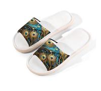 Mexpekil Pantuflas doradas de plumas de pavo real para mujeres y hombres, zapatos de casa de punta abierta, pantuflas de lino de verano, multicolor, 6/6.5 UK Wide