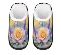 Mexpekil Pantuflas esponjosas para mujeres y hombres, Mariposa arcoíris rosa amarilla, 8/11 UK Wide