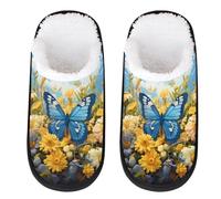 Mexpekil Pantuflas esponjosas para mujeres y hombres, Mariposa azul, flor amarilla, 8/11 UK Wide