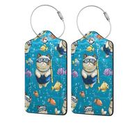 Mexpekil Paquete de 2 etiquetas de equipaje con anillos de acero inoxidable, etiquetas de cuero para maleta, gatos, buceo, peces, viajes, identificación de equipaje, protección de privacidad