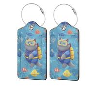 Mexpekil Paquete de 2 etiquetas de equipaje con anillos de acero inoxidable, etiquetas de cuero para maleta, gatos, buceo, peces, viajes, identificador, protección de privacidad, etiquetas de nombre