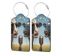 Mexpekil Paquete de 2 etiquetas de equipaje con anillos de acero inoxidable, etiquetas de cuero para maleta, dos vacas, cantan, identificador de equipaje de viaje, protección de privacidad, etiquetas