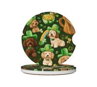 Mexpekil Paquete de 2 posavasos de coche para portavasos con base de corcho antideslizante, diseño de labradoodles con sombrero verde, trébol, posavasos de cerámica absorbentes para bebidas