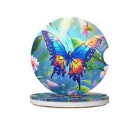 Mexpekil Paquete de 2 posavasos de coche para portavasos con base de corcho antideslizante, flores de mariposa azul, absorbentes de plantas, posavasos de cerámica para bebidas, accesorios universales
