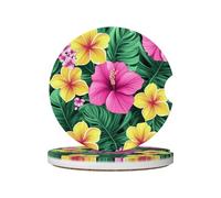 Mexpekil Paquete de 2 posavasos de coche para portavasos con base de corcho antideslizante, flores tropicales rosadas y amarillas, posavasos de cerámica absorbentes para bebidas, accesorios