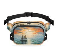 Mexpekil Riñonera con cremallera bidireccional para velero, puesta de sol, gaviota, mar, riñonera repelente al agua, bolsa cruzada con correa ajustable, Black