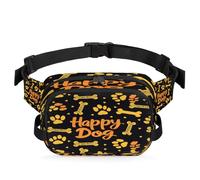 Mexpekil Riñonera con diseño de huellas de perro, estampado artístico de perro feliz, bolsa de cinturón con cremallera de dos vías, repelente al agua, bolsas cruzadas con correa ajustable, Black