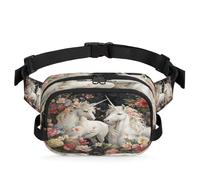 Mexpekil Riñonera con dos unicornios en flores, para parejas, amigos, dos vías, con cremallera, repelente al agua, con correa ajustable, Black