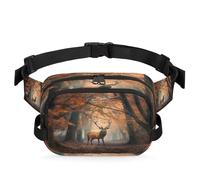 Mexpekil Riñonera con estampado artístico de alce en el bosque de hojas de arce, bolsa de cinturón con cremallera de dos vías, repelente al agua, bolsas cruzadas con correa ajustable, Black