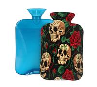 Mexpekil Rose Day of The Dead Skull - Botella de agua caliente con funda, bolsa de agua caliente de PVC de 2 L para aliviar el dolor, pies, espalda y calor