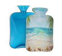 Mexpekil Sandy Beach - Bolsa de agua caliente con diseño de hojas de palmera y estrella de mar con funda, bolsa de agua caliente de PVC de 2 L para aliviar el dolor, pies, espalda, calor