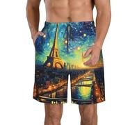 Mexpekil Traje de baño de secado rápido para hombre, diseño de París Eiffel, pintura al óleo, Francia, cintura elástica con cordón y bolsillos laterales, pantalones cortos de playa para playa, surf