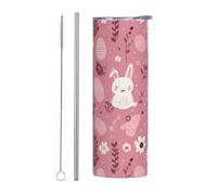 Mexpekil Vaso aislado de 20 onzas con popote y tapa, taza de café helado de acero inoxidable, bonita taza de viaje con diseño de conejitos de Pascua rosa, botella de agua térmica, regalo para mujeres