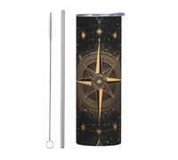 Mexpekil Vaso aislado de 20 onzas con popote y tapa, taza de café helado de acero inoxidable, brújula dorada, estrellas, taza de viaje, botella de agua térmica, regalo para mujeres y hombres
